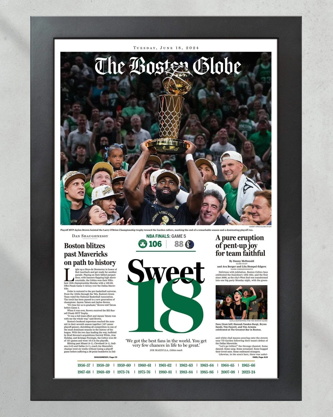 2024 Boston Celtics NBA Champions 'Sweet 18' UnFramed Newspaper