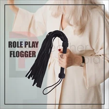 BDSM Real Leather Flogger, Black Mild Leather 35 Falls Leather handle Sex Whip