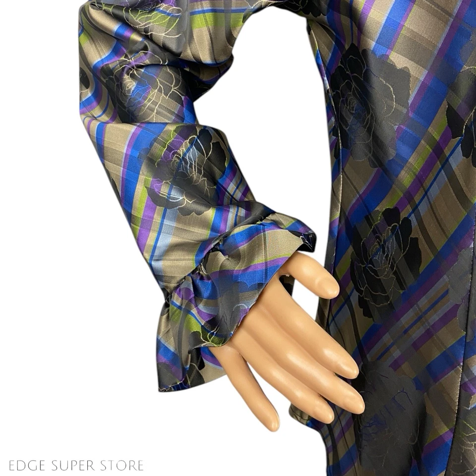 Blusa Top Samuel Dong Cuello Volantes Púrpura Azul Rosa Estampado Abotonada Talla Grande Foto 3 de 4