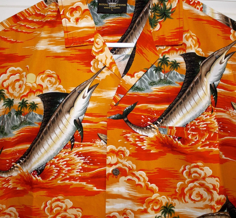 Marlin Swordfish - гавайская рубашка Aloha, сделано на Гавайях - оранжевая, мужской размер L - Изображение 2 из 4