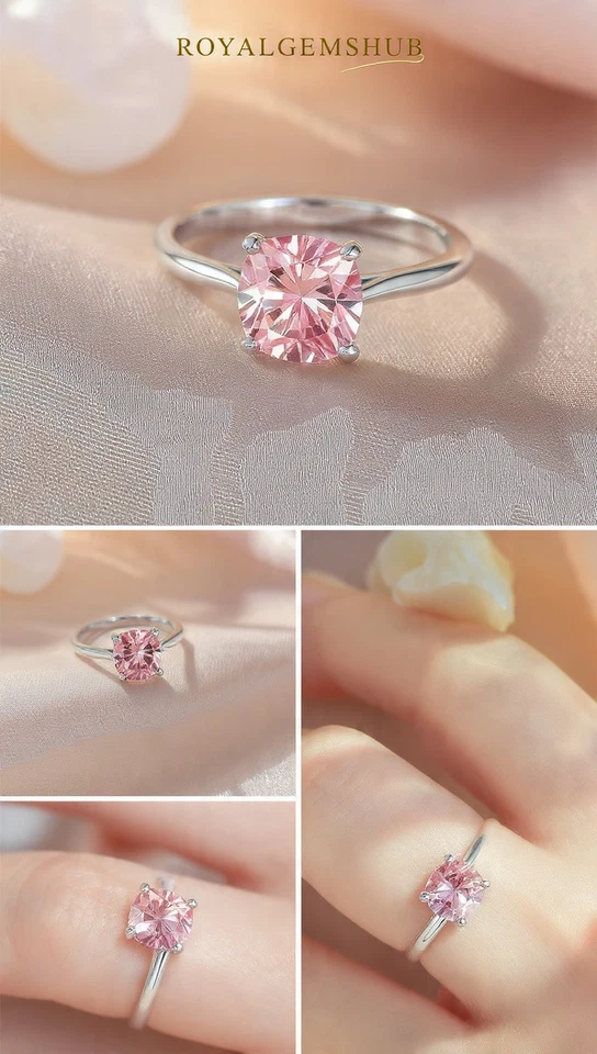 Anillo de compromiso de diamantes rosas talla cojín de 2 quilates | Solitario de plata de ley 💍 Foto 2 de 4