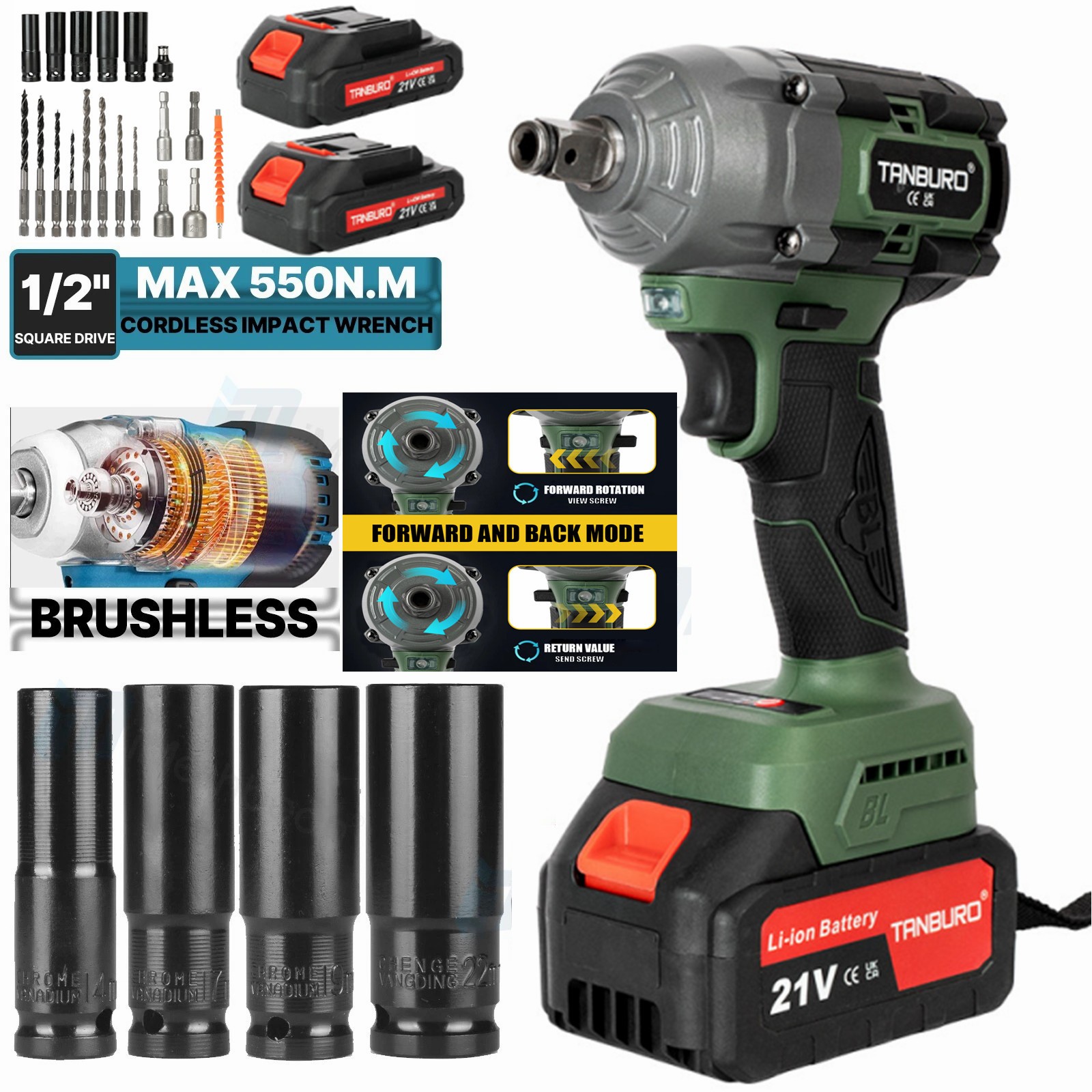 3000NM High Torque Impact Wrench 1/2" Brushless Cordless Battery Impact Gun Kit 3
