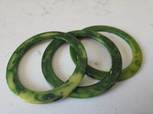 Set of Three Vintage Bakelite Marbled Green & Yellow Bangles Art Deco Jewelry