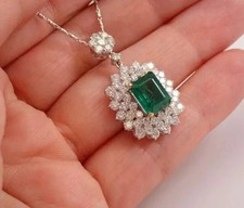 Lab Created Emerald 3.0Ct Emerald Cut Halo Women's Pendant 14K White Gold Plated