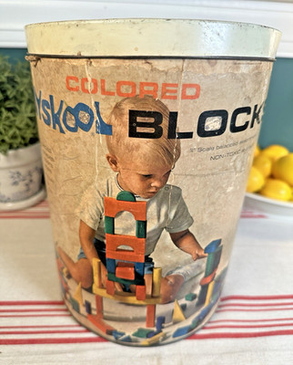 Vtg Playskool No 645 Wooden Colored Blocks 1969 Original Can 67 Pcs Metal Lid