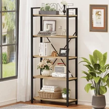 5 Tier Bookshelf, Industrial Wood and Metal Book Shelves for Display, Tall Et...