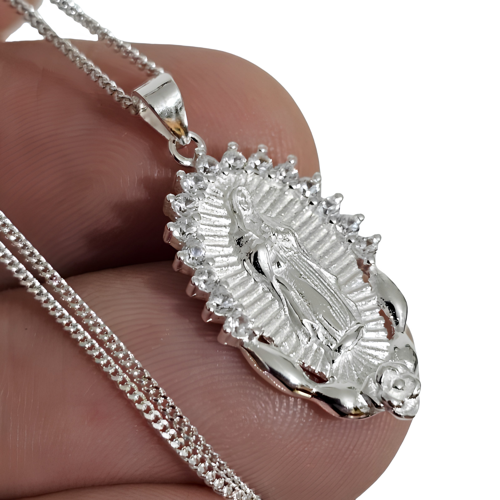 Madonna Virgin Mary Pendant Necklace Gemstones 925 Silver Jewellery And Boxed