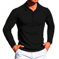 Mens Long Sleeve Shirts Slim Fit Casual Polo Shirt Tipping Collar Blouse Tops UK