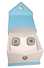 Cushion Cut Blue & White Diamond Rhodium finish Earrings Marked BR Sun