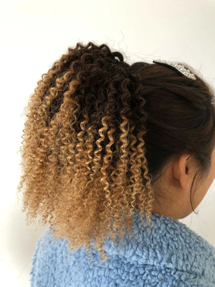 Ombre Blonde Drawstring Ponytail Human Hair Extension Clip On Afro Kinky Curly - Image 2 of 4