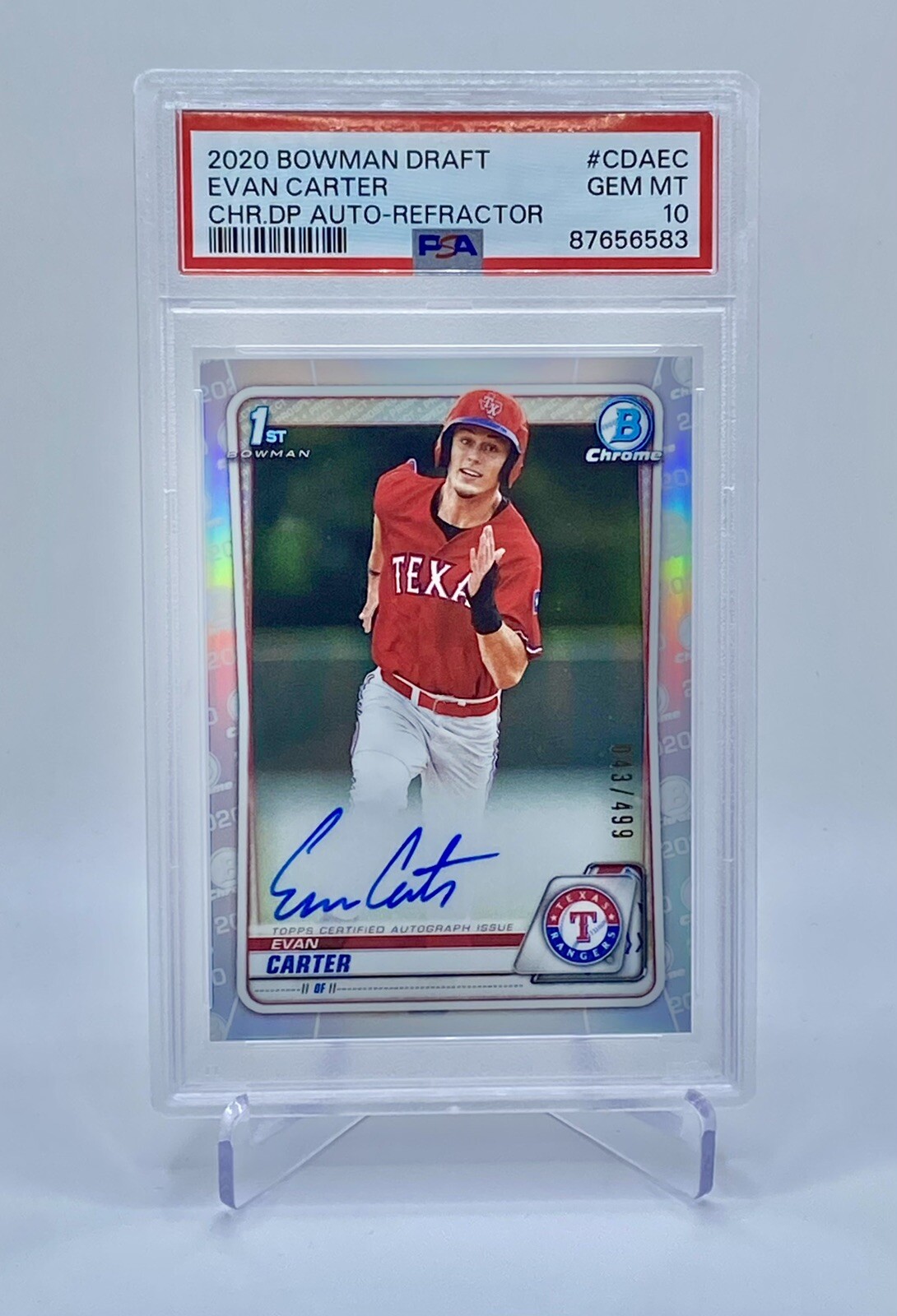 PSA 10 Evan Carter 2020 Bowman Draft Chrome 1st Auto RC Refractor /499 #CDAEC