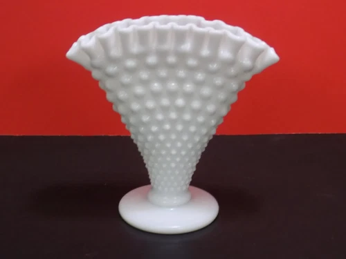Fenton 6" High Hobnail White Milk Glass Fan Vase w/ Ruffled Rim