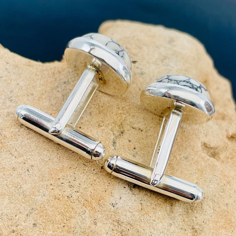 Gemelos Howlita Blanca De Colección - Piedra Redonda De Plata De Ley, Accesorio Clásico Foto 3 de 4