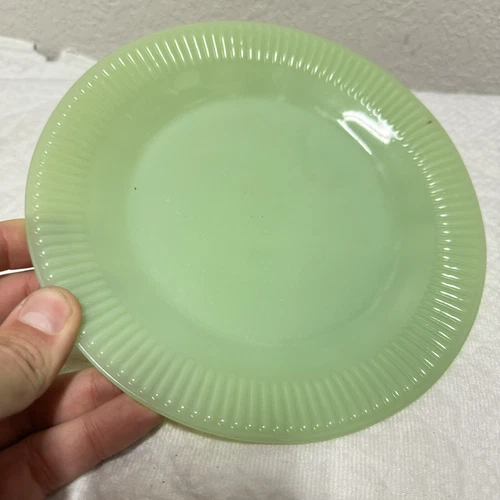 Jadeite Fire King? Jane Ray? Salad Dessert Plate 7.5” Ribbed Green MCM Unmarked