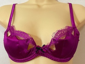 Vtg AGENT PROVOCATEUR PADDING ADDED Bra SILK SATIN Lace CUTOUT 34B Fuchsia Bow