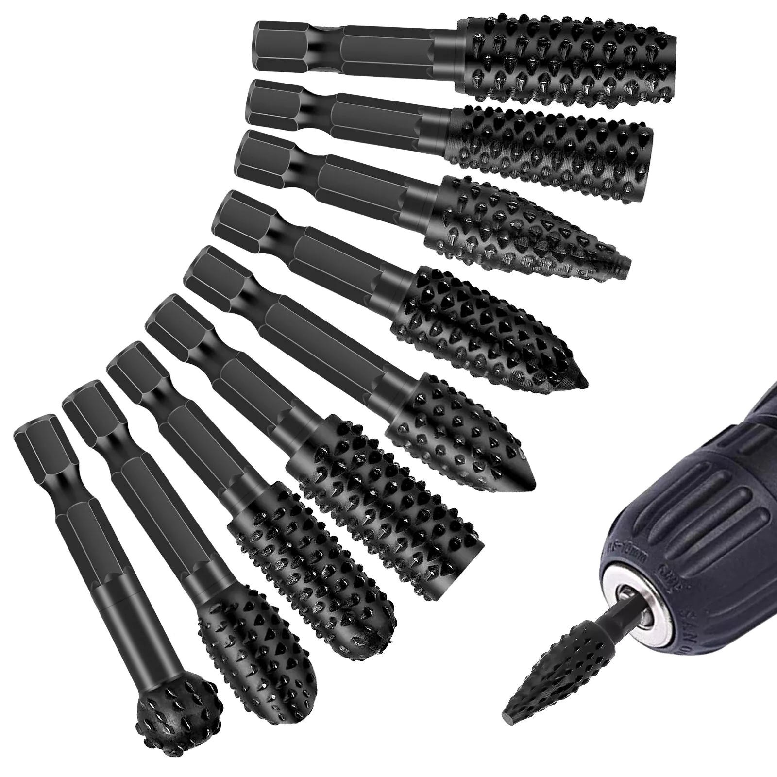 10Pcs New 1/4in Shank Rotary Burr Rasp Set Steel Wood Carving File Drill Bits