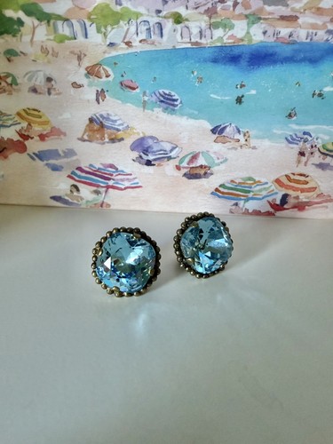 $65 Sorrelli Aquamarine Blue Cushion-Cut Antique Gold Earrings
