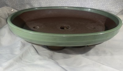 Japanese Bonsai Pot Banko Ware Oval Olive Green Glaze  13.5 L x 10.5 W x 2.0 H
