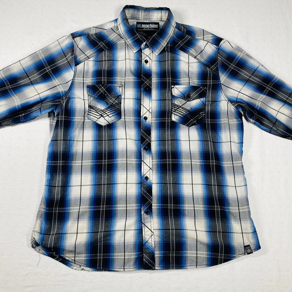 Camisa Máquina Para Hombres 2XL Azul Negro Cuadros Vaquero Occidental Informal Manga Larga Bolsillo Foto 2 de 4