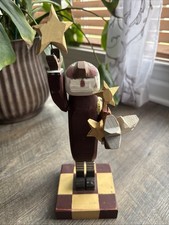 Vintage Handmade Carved Wooden Santa With Stars Primitive Checked Base Signed