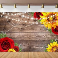 7x5 Ft Brown Wooden Board Sunflower Rose Photography Backdrop Wedding Birthday