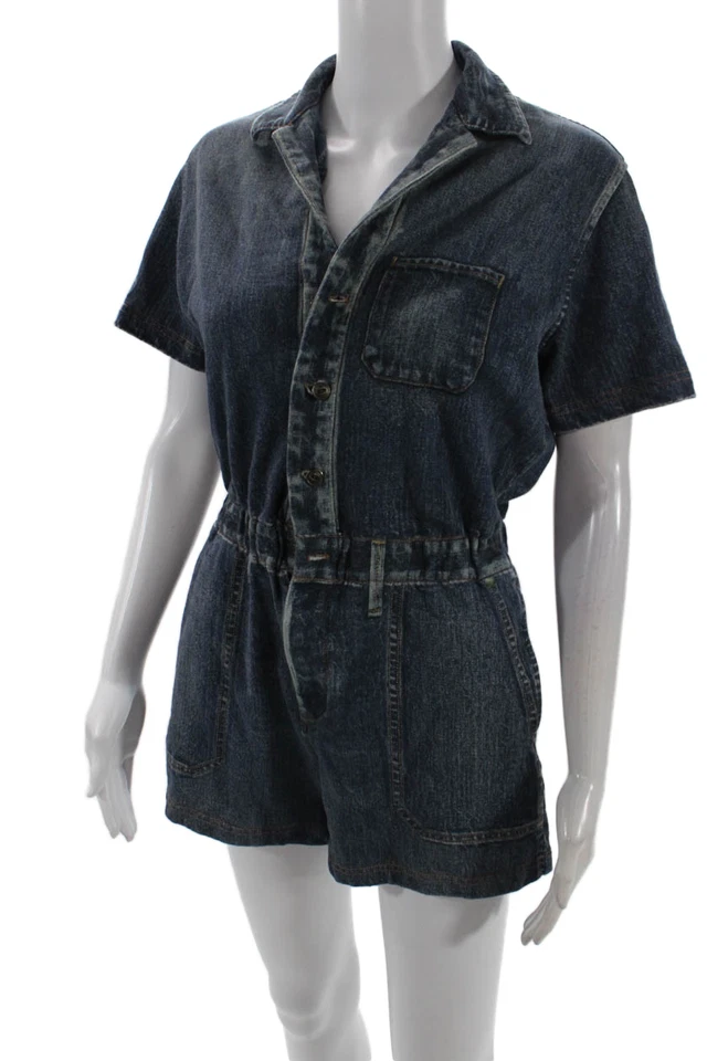 Rag & Bone Womens Cotton Short Sleeve Buttoned Collared Romper Blue Size S - Image 2 of 4