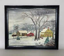 Vintage American Folk Art Oil Painting Naive Winter Snow Scene Wonderful