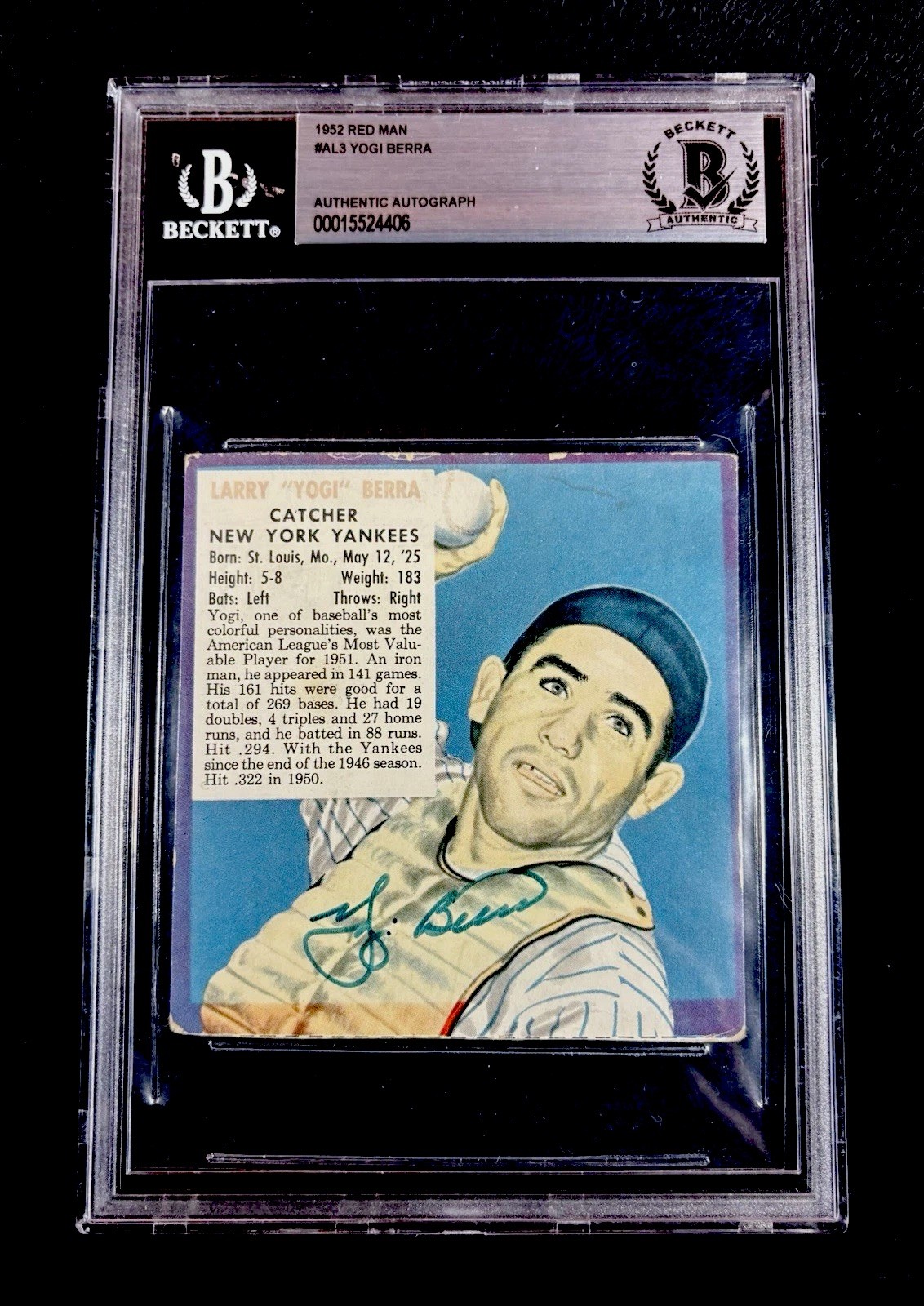 Yogi Berra 1952 New York Yankees World Series Champions 1952 Red Man #AL3 BAS AUTO Baseball Card HOF 52 WS Champs d. 2015 