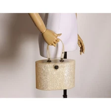1950s Cream Pearl Swirl Lucite Large Top Handle Ornate Hardware Purse by Wilardy