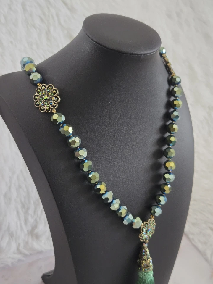 Heidi Daus Peacock Glass Beaded Tassel Necklace AB Crystal Floral Statement Gold - Image 2 of 4