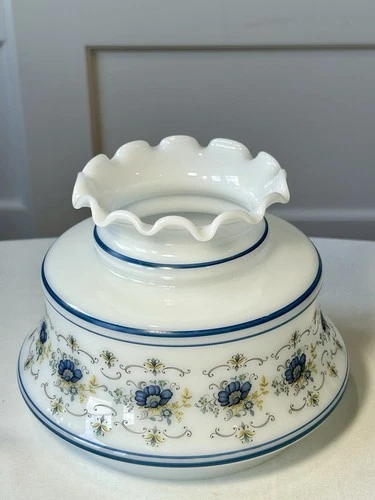 VTG Quoizel Abigail Adams Blue Floral Milk Glass Lamp Shade 6" Fitter~RuffledTop