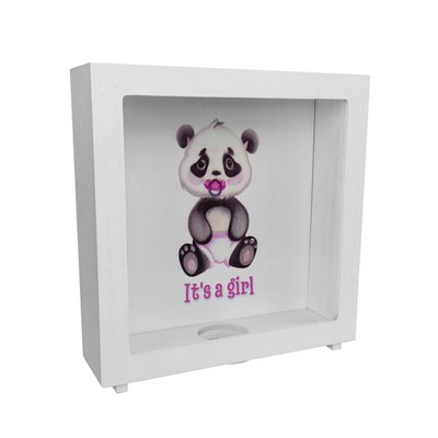 It's a girl Baby Panda Rahmen Spardose aus Holz in rosa