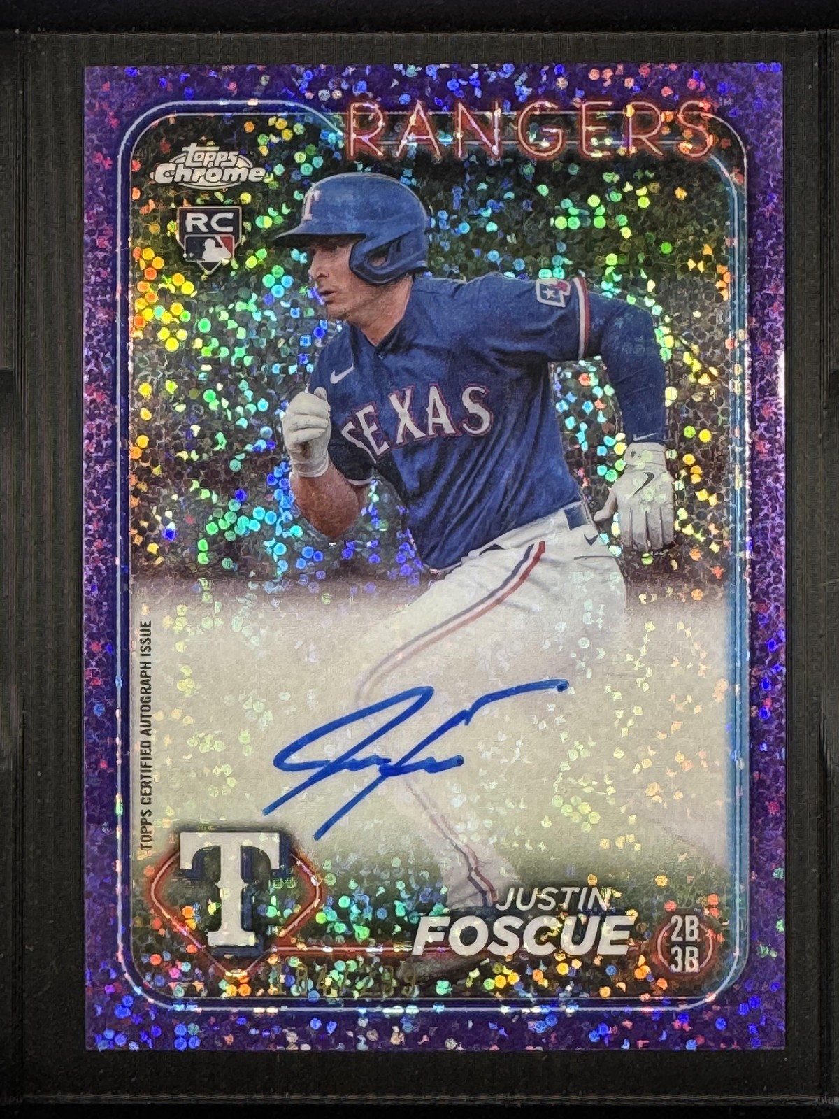 2024 Topps Chrome Purple Speckle /299 Auto #RA-JF Justin Foscue Rangers