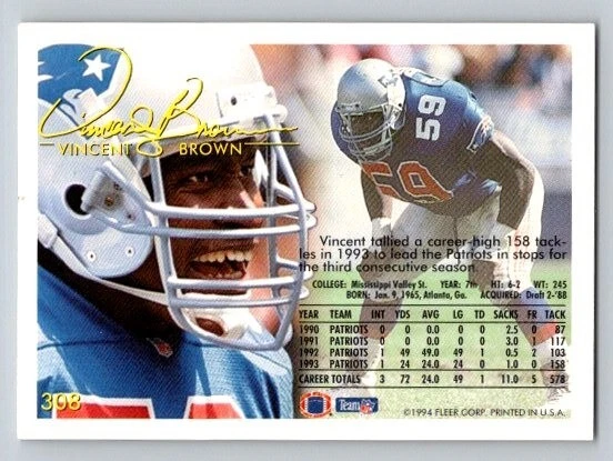 1994 Fleer Vincent Brown #308 New England Patriots - Image 2 of 2