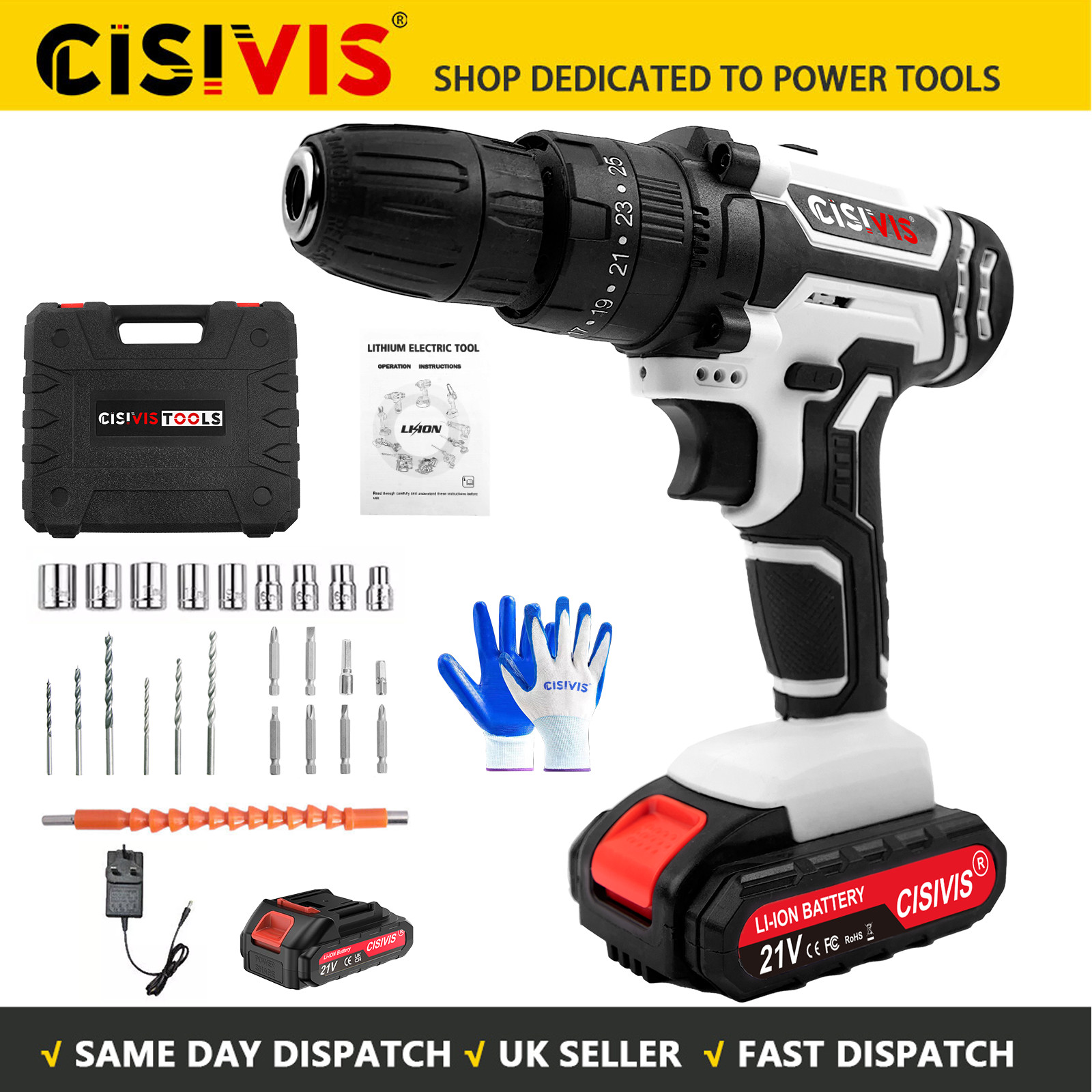 21V Cordless Combi Drill Electric Powerful Driver Screwdriver Battery LED Light