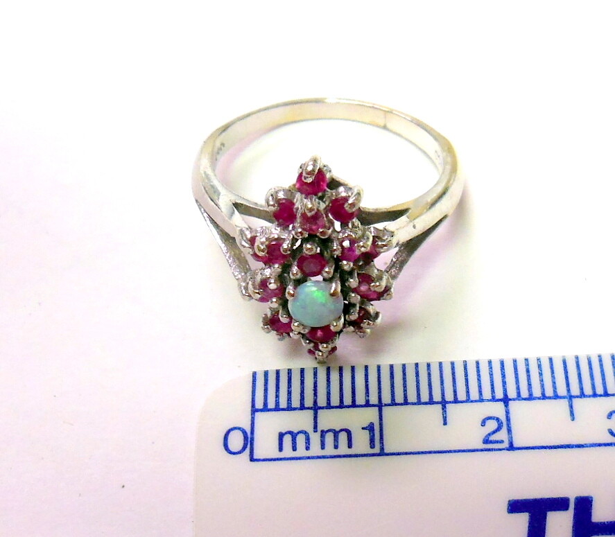 Solid 14k White Gold Opal and Ruby Set Vintage Es… - image 4