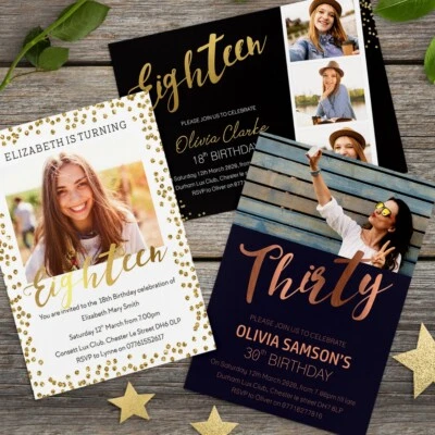 LITTLE BOO DESIGNS 18th 21st 30th 40th 50th Birthday Invitations Personalised, Photo Invites (H1)