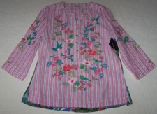 NWT John Mark Pink Stripe Front/Blue Floral Back BIRDS/BUTTERFLIES Tunic Top L