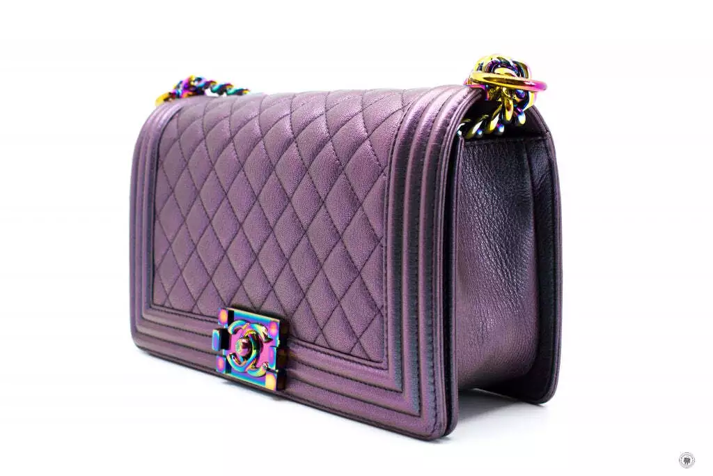 Used Chanel A67086 Boy Rainbow Iridescent Purple Calfskin Medium Shoulder  Bags A