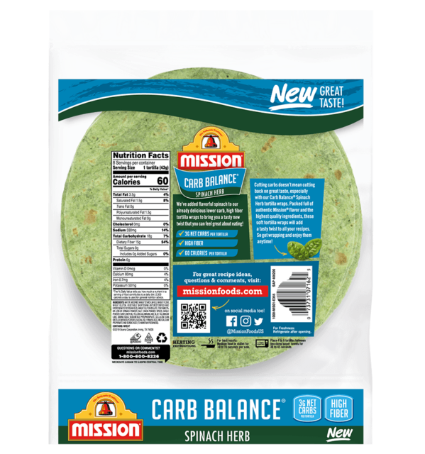 Mission Super Soft Tortilla Wraps Carb Balance Spinach Herb 8 Tortilla