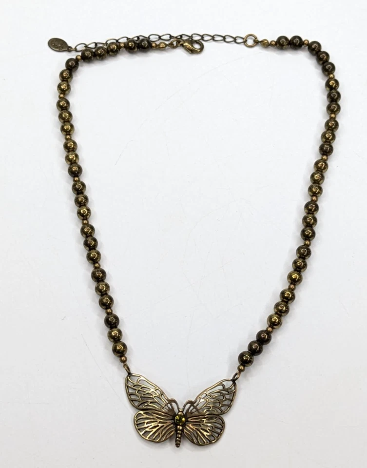 Cookie Lee Openwork Brass Butterfly Pendant Beaded Adjustable Necklace 18" Long — 第 3/4 张图片