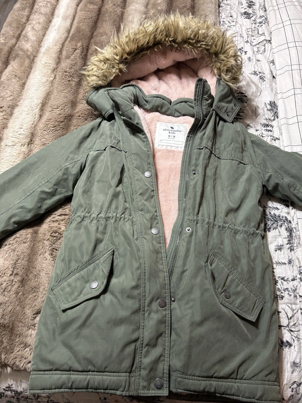 Abercrombie Kids Lined Hooded Jacket Army Green Pink 13/14 Pockets Outdoor Coat