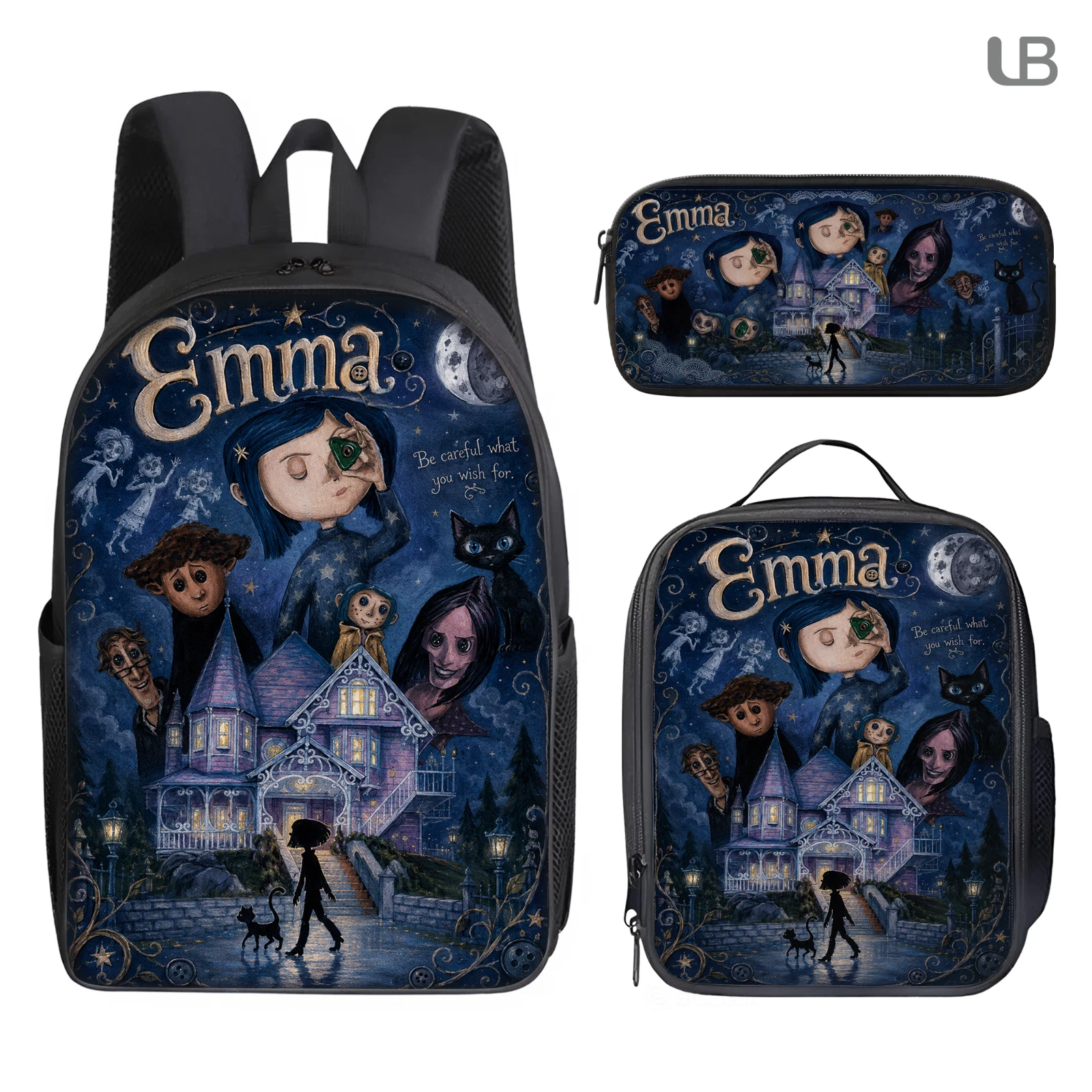 Custom Gothic Doll School Backpack Lunch Bag Pencil Case Set Kids