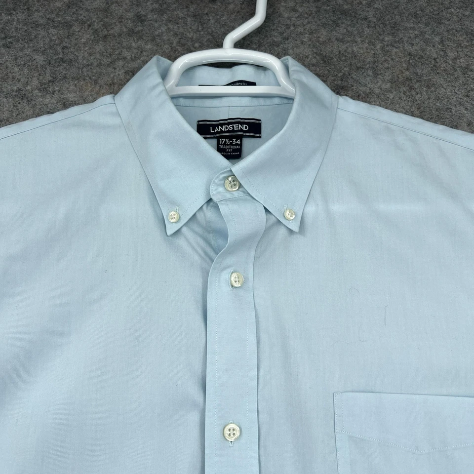 Camisa de vestir Lands' End para hombre 17,5 34 azul sin hierro Supima pinpoint abotonada Foto 2 de 4
