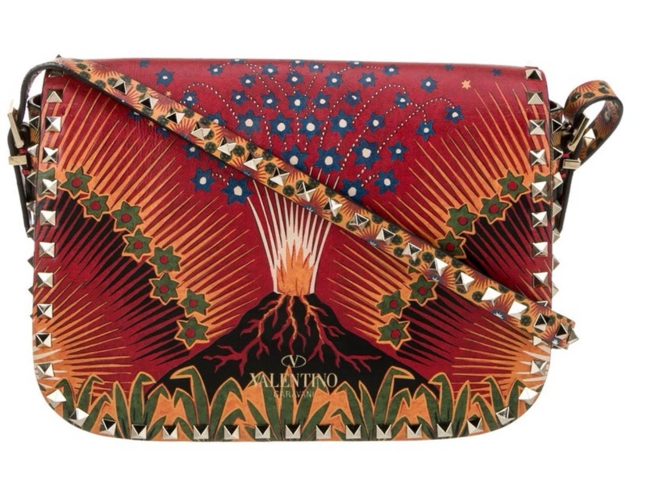 Borsa a tracolla Valentino Rockstud Volcano in pelle di vitello con patta rossa prezzo al pubblico consigliato $4.000