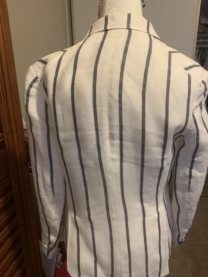 Blazer para mujer Theory mezcla de lino blanco/gris a rayas, 2 botones, talla 2 Foto 2 de 4