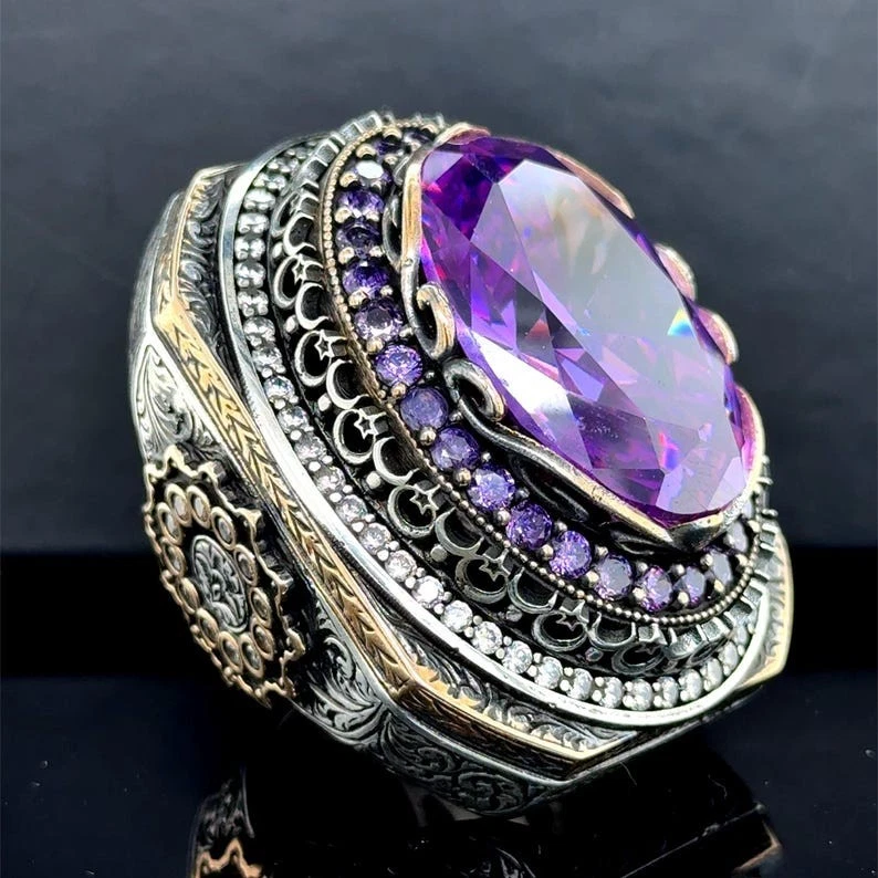 Anillo grande de plata 925 con piedras preciosas de amatista púrpura para hombre Foto 2 de 4