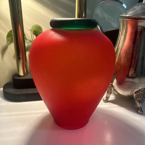 Vtg Murano-style Feathered Cased Art Glass Bud Vase Hand Blown MCM Red Orange
