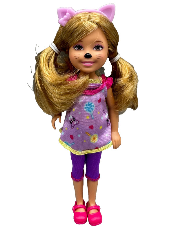 ~DS LOT M DRESSED BARBIE DOLL KELLY CHELSEA IN HAPPY CAT OUTFIT TOP PANTS SHOES