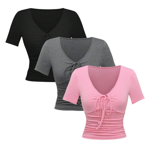 3 Stück Damen Kurzarm T-Shirt mit Schnürung vorne in Multi, Größe S - Bild 1 von 2